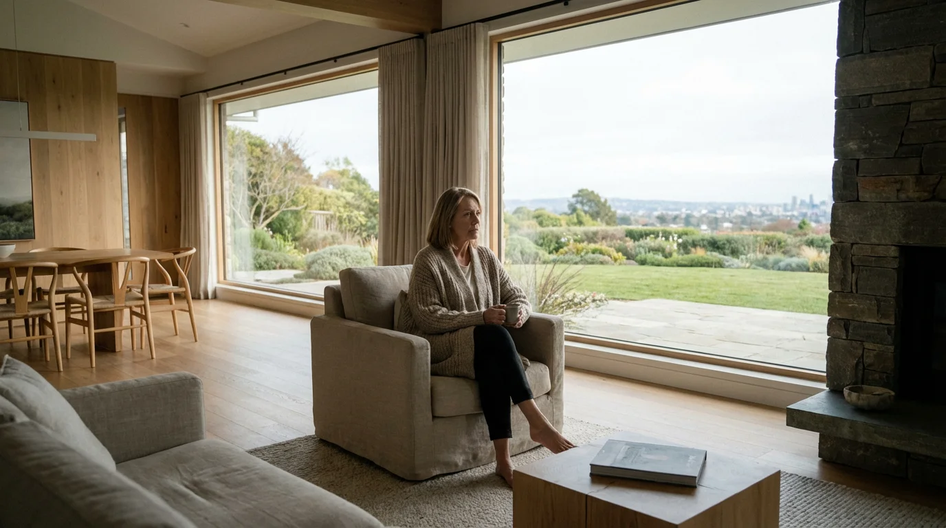 A thoughtful woman in her late 50s sits in a sunlit living room.