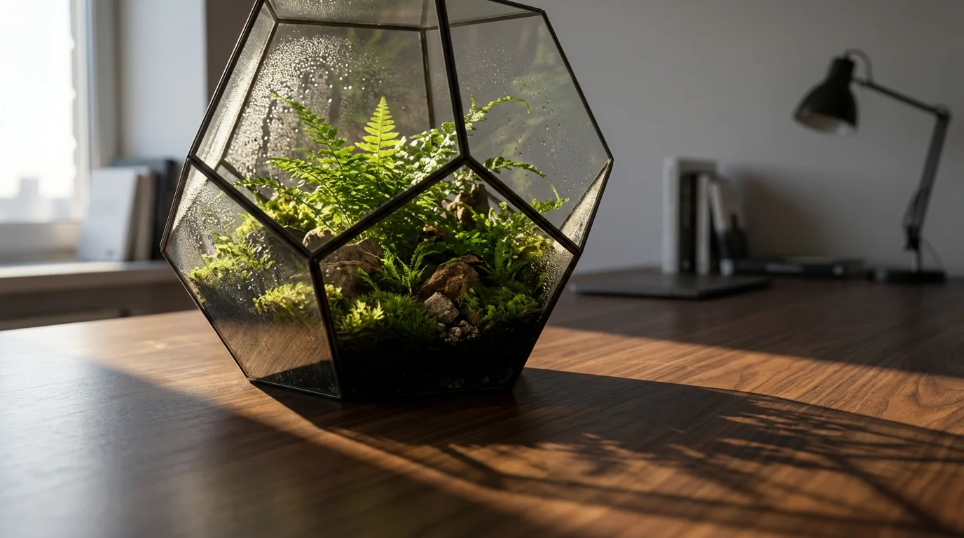 A thriving plant terrarium on a desk, symbolizing managed HSA investment growth.