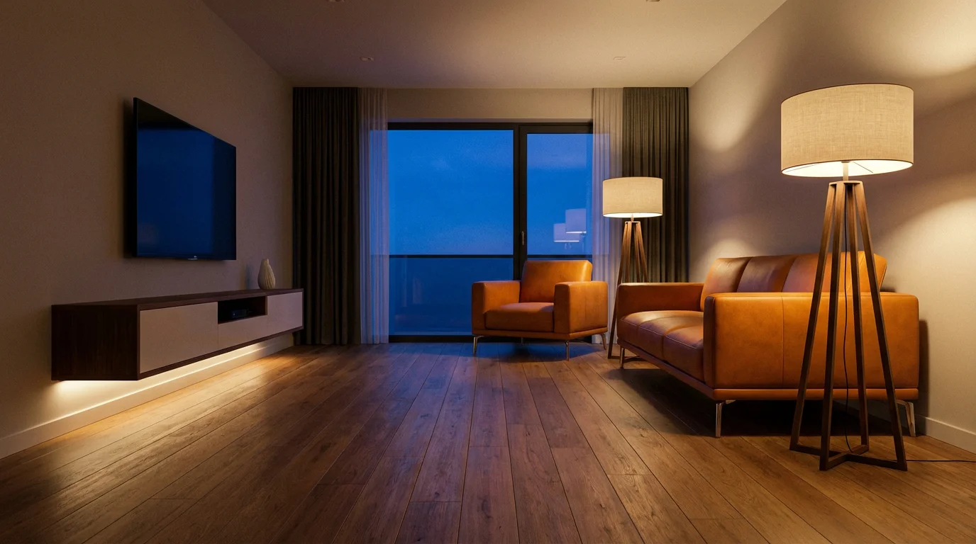 A tidy, well-lit living room at dusk with clear pathways for senior safety.