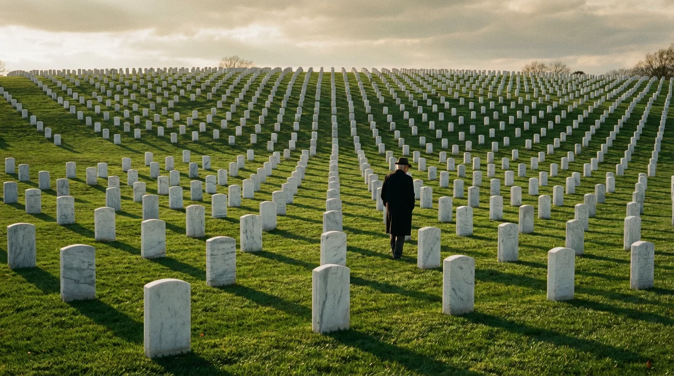 A wide environmental shot of a national cemetery with long shadows at sunset.