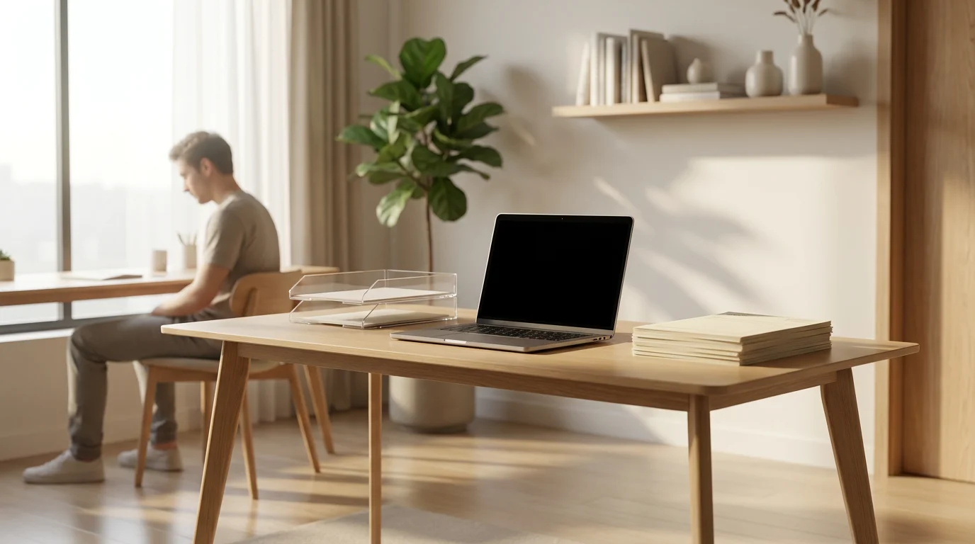 A wide environmental shot of a person at a home office desk organizing papers.