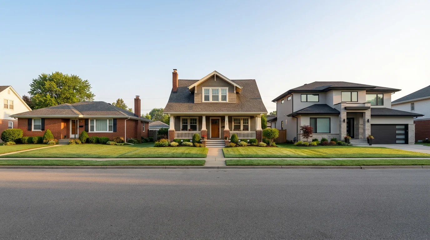 A wide shot of a suburban street with three different styles of houses.
