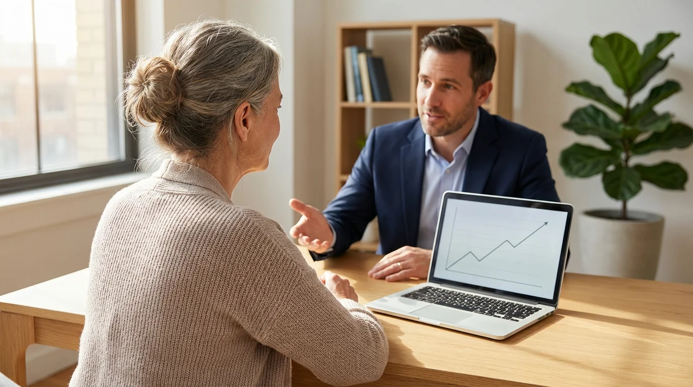 A woman consulting with a financial advisor, viewing-a graph on a laptop screen.