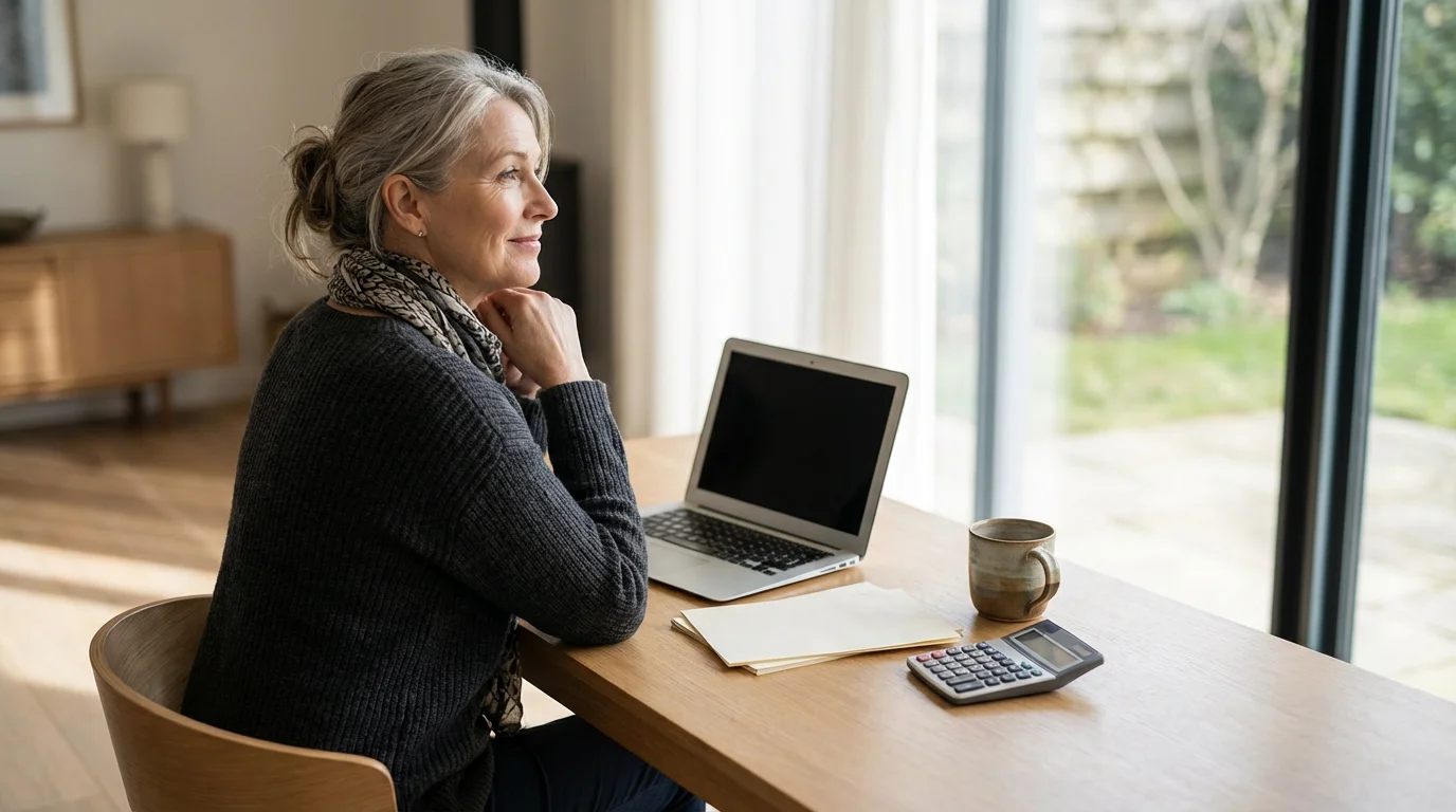 A woman in her 60s thoughtfully plans her retirement finances at her desk.