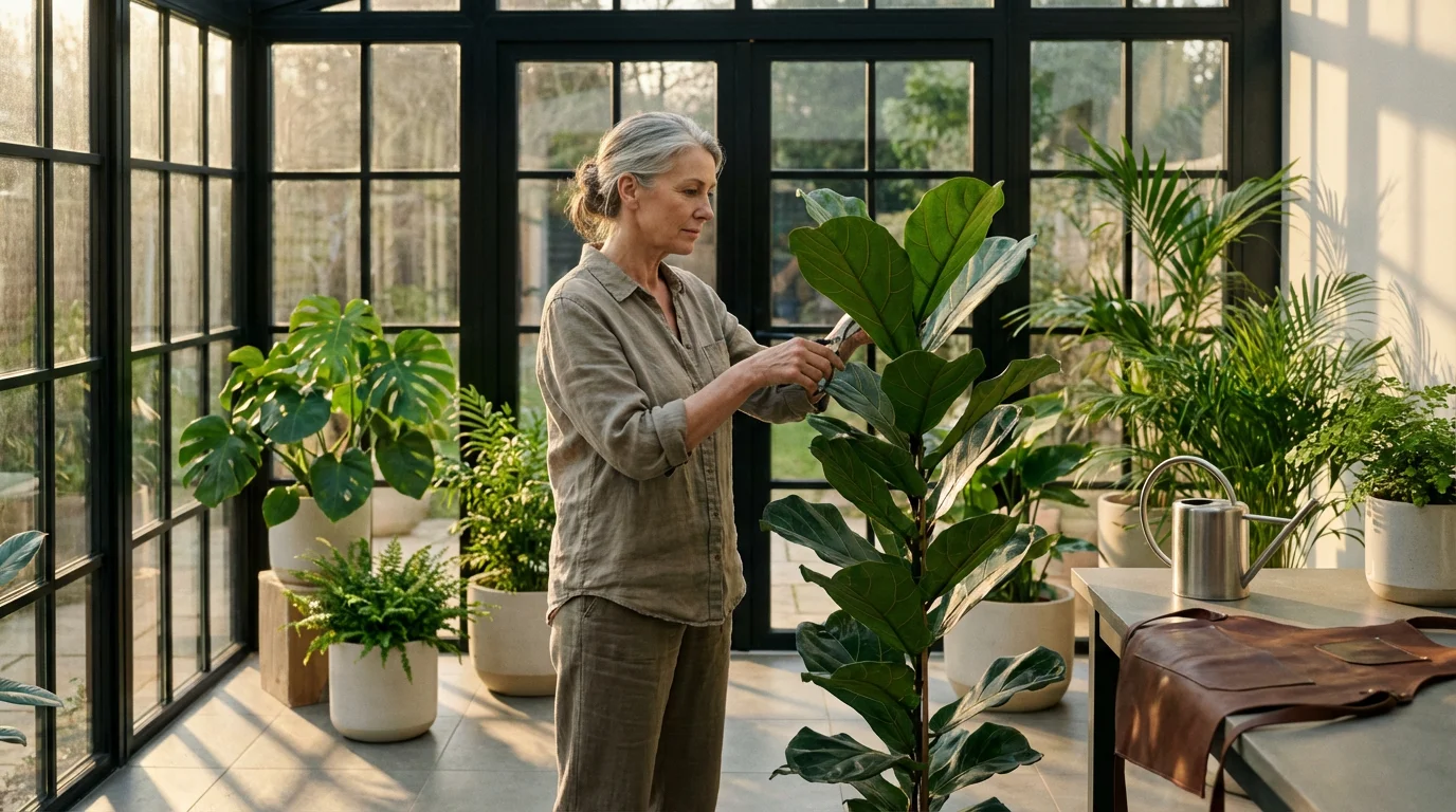 A woman in her early 60s thoughtfully tending to her houseplants in a sunroom.