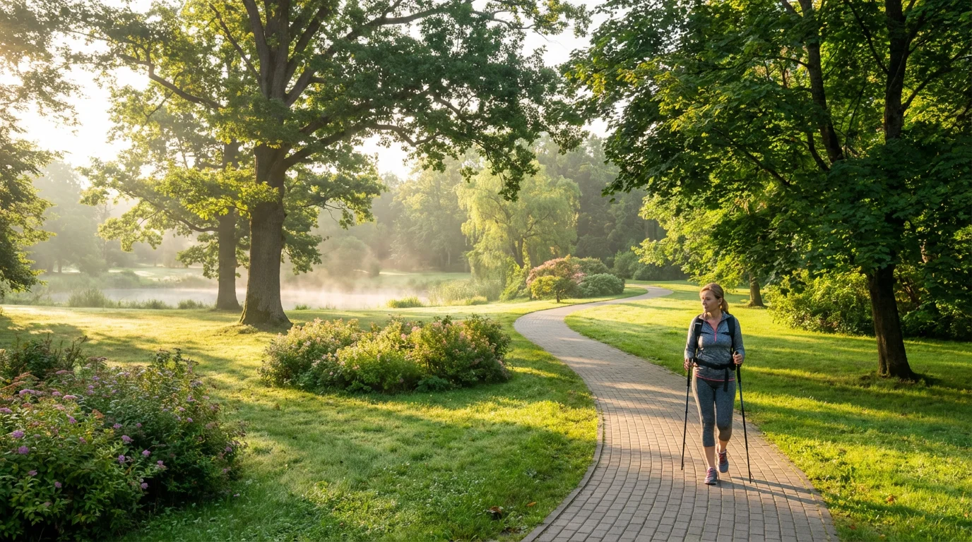 A woman in her fifties walks on a park path, thoughtfully considering her future.
