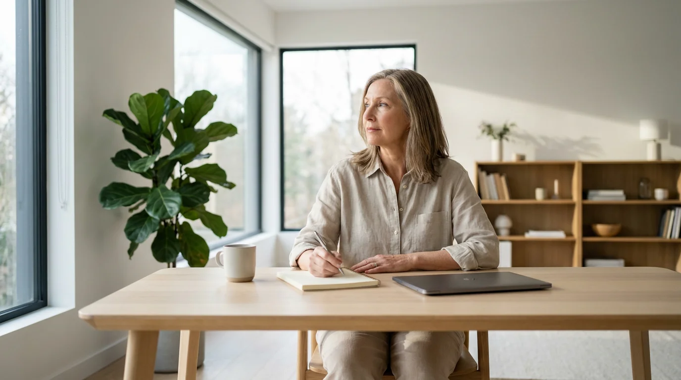 A woman sits at her desk in a sunlit modern home office, planning her finances.