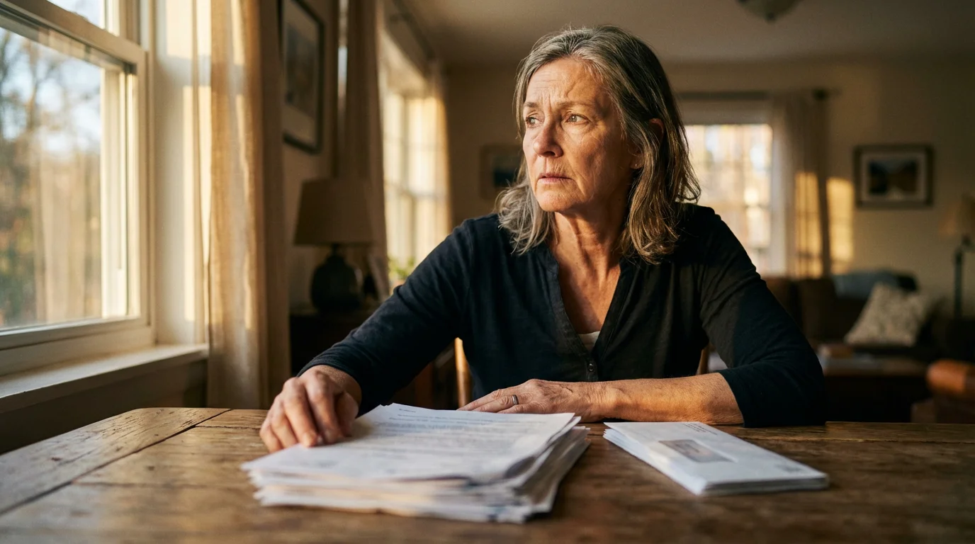 A woman thoughtfully reviews a Social Security decision letter at a table during sunset.