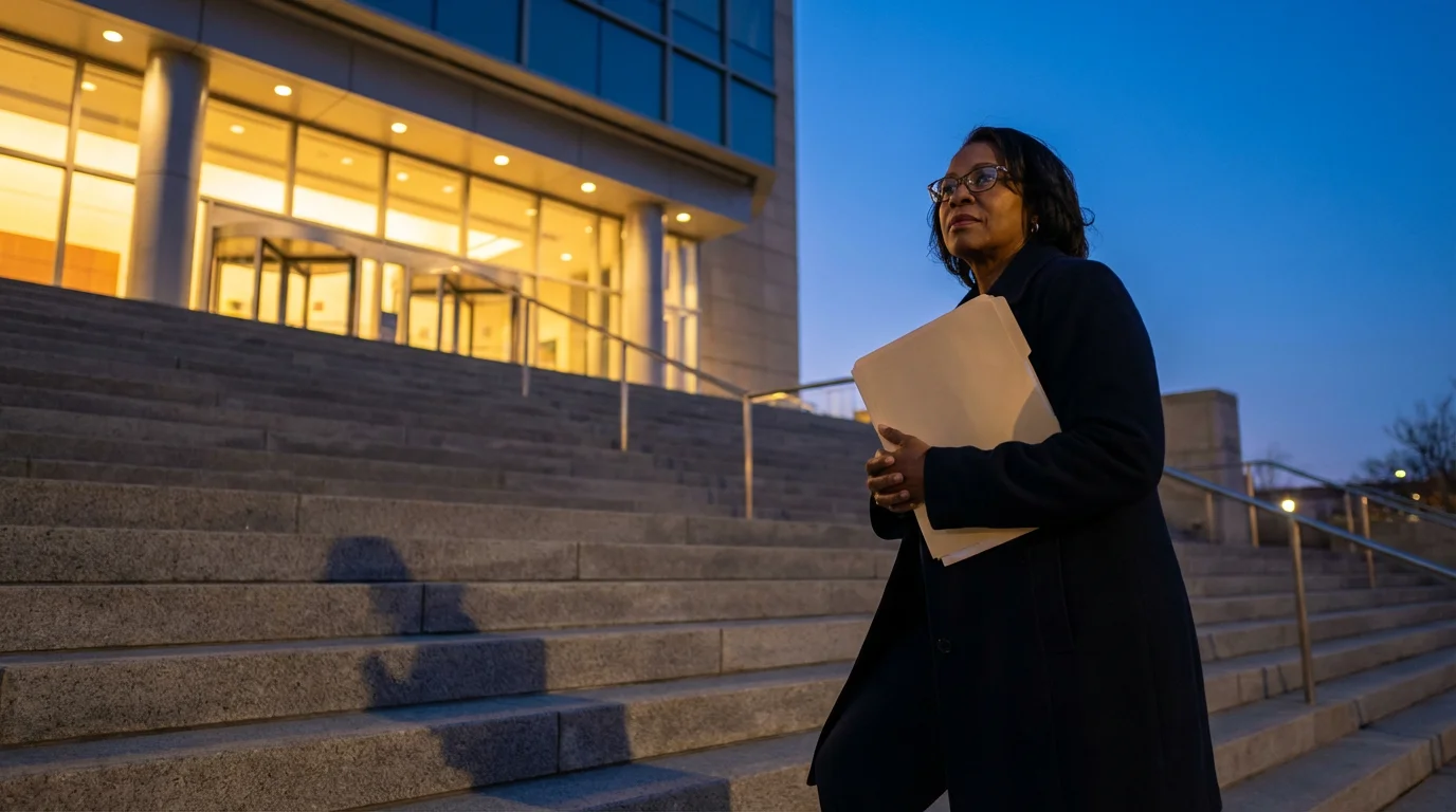 A woman with a folder climbs the concrete steps of a large building at dusk.