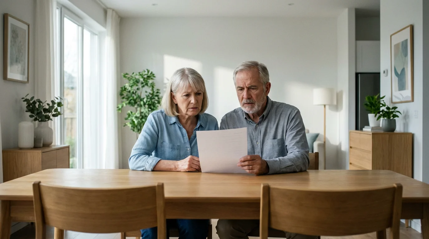 A worried senior couple sits at a dining table reviewing a document with concern.