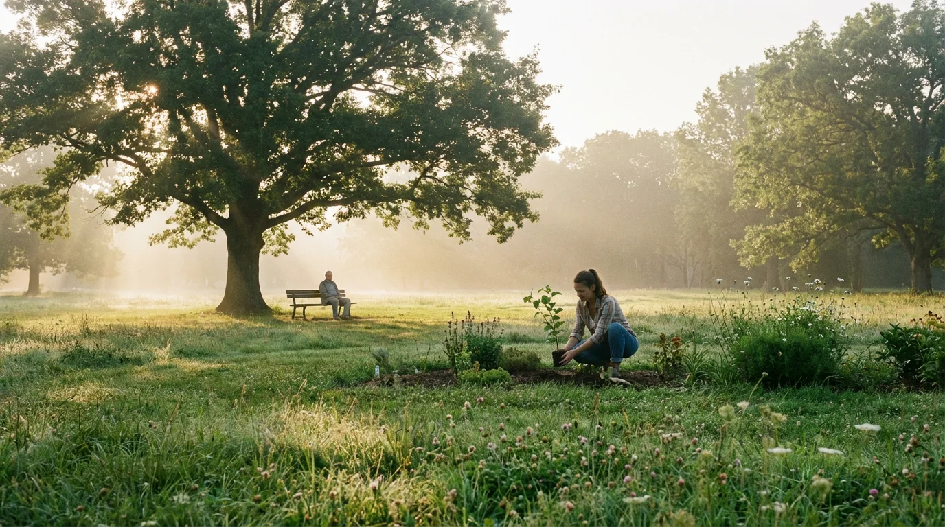 A young woman planting a sapling in a park near a senior man on a bench.