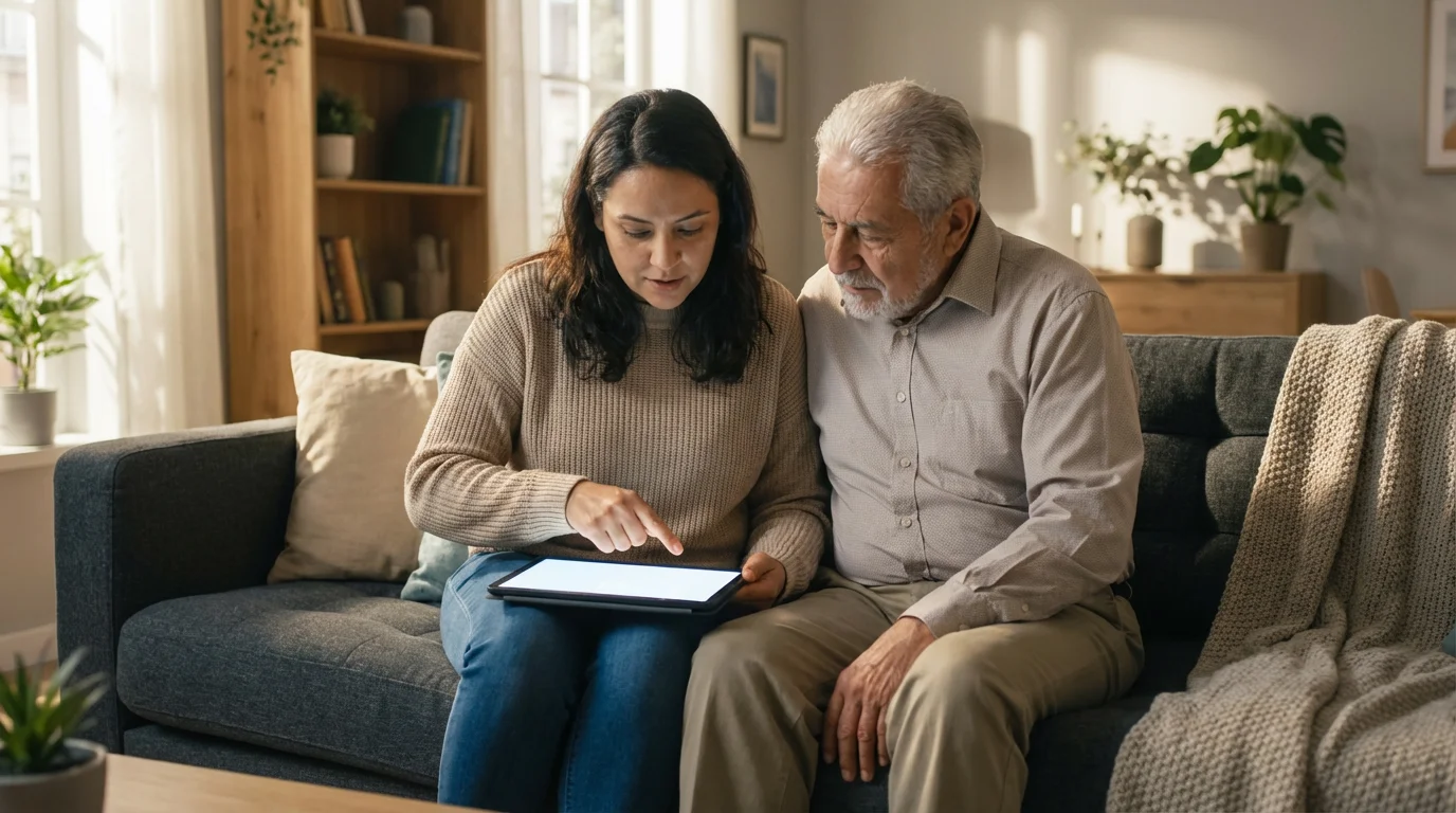 Adult daughter and elderly father researching home health options together on a tablet.