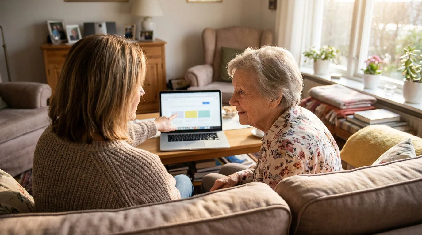 An adult daughter helps her elderly mother find resources on a laptop at home.
