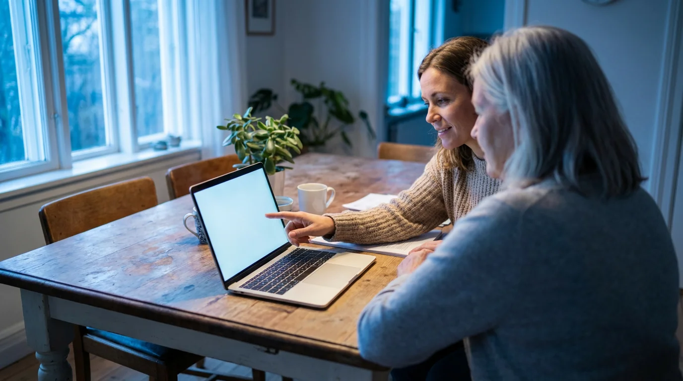An adult daughter helps her senior mother with a laptop at a table during evening.