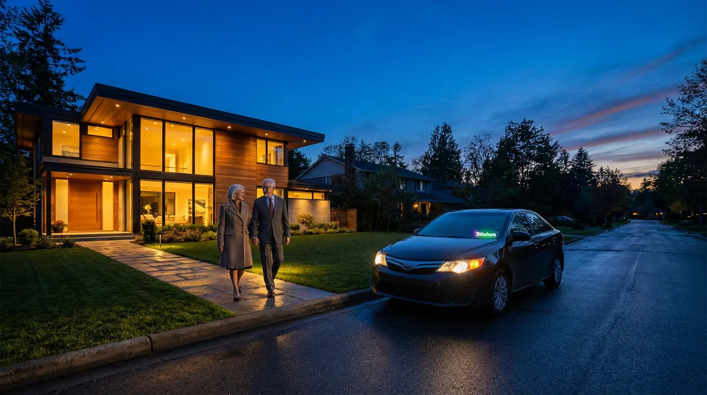 An elderly couple leaving their house at dusk as a pre-arranged car arrives.