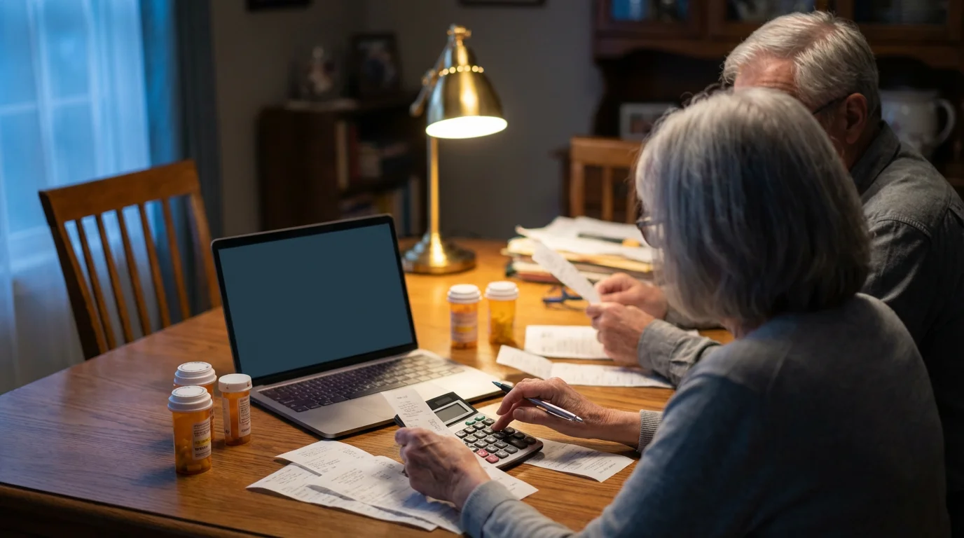 An elderly couple reviews paperwork and pill bottles on a table during the evening.