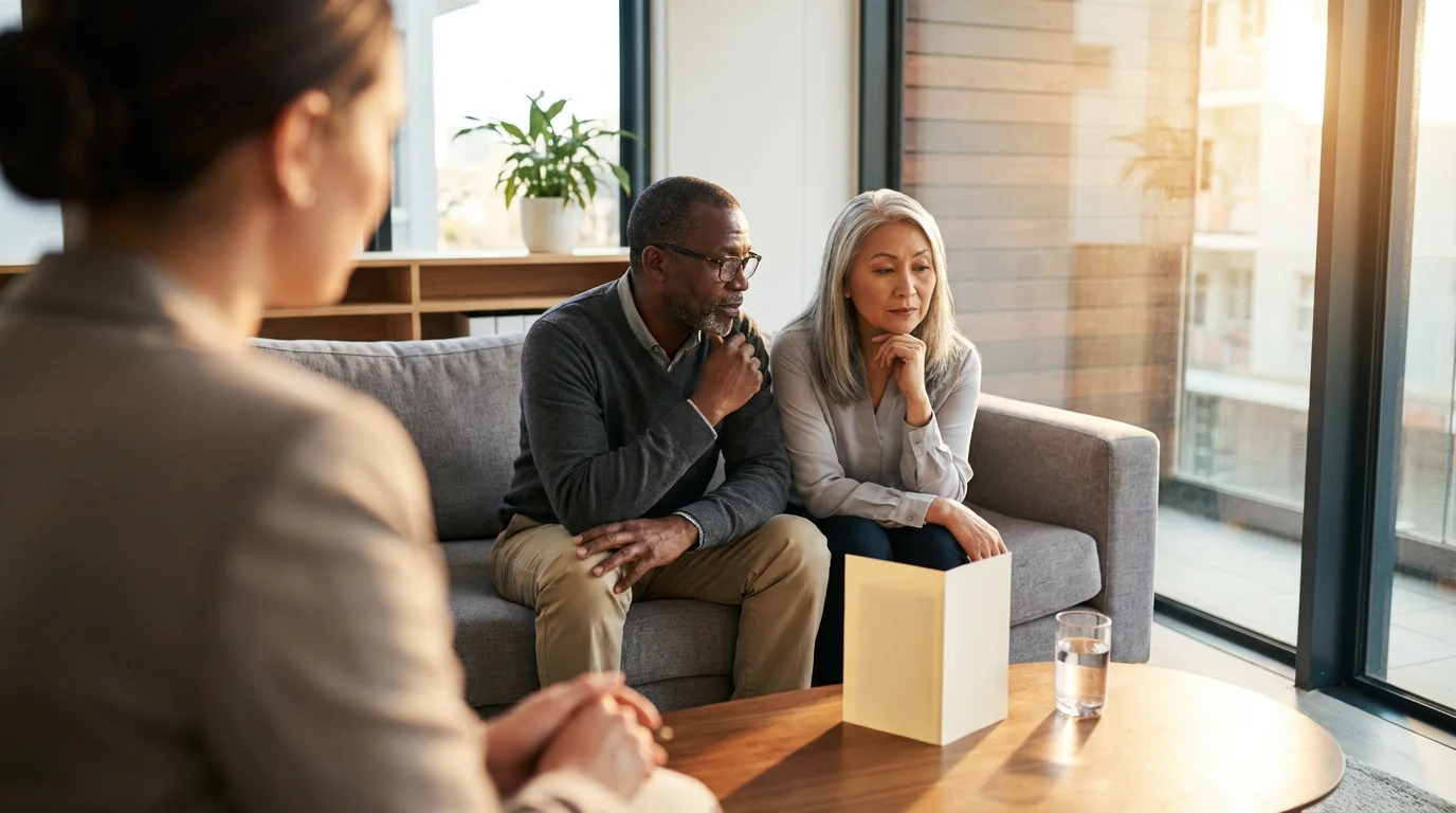 An elderly couple seen from over a counselor's shoulder during a financial planning meeting.