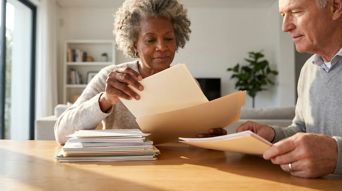 An elderly couple sits at a desk bathed in window light, organizing documents together.