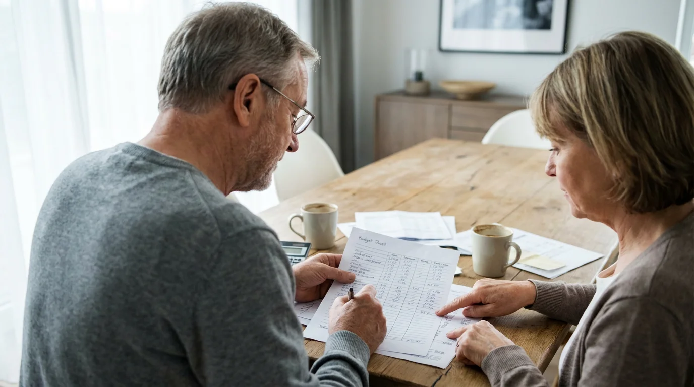 An elderly couple sits at a wooden table reviewing financial papers with a pen.