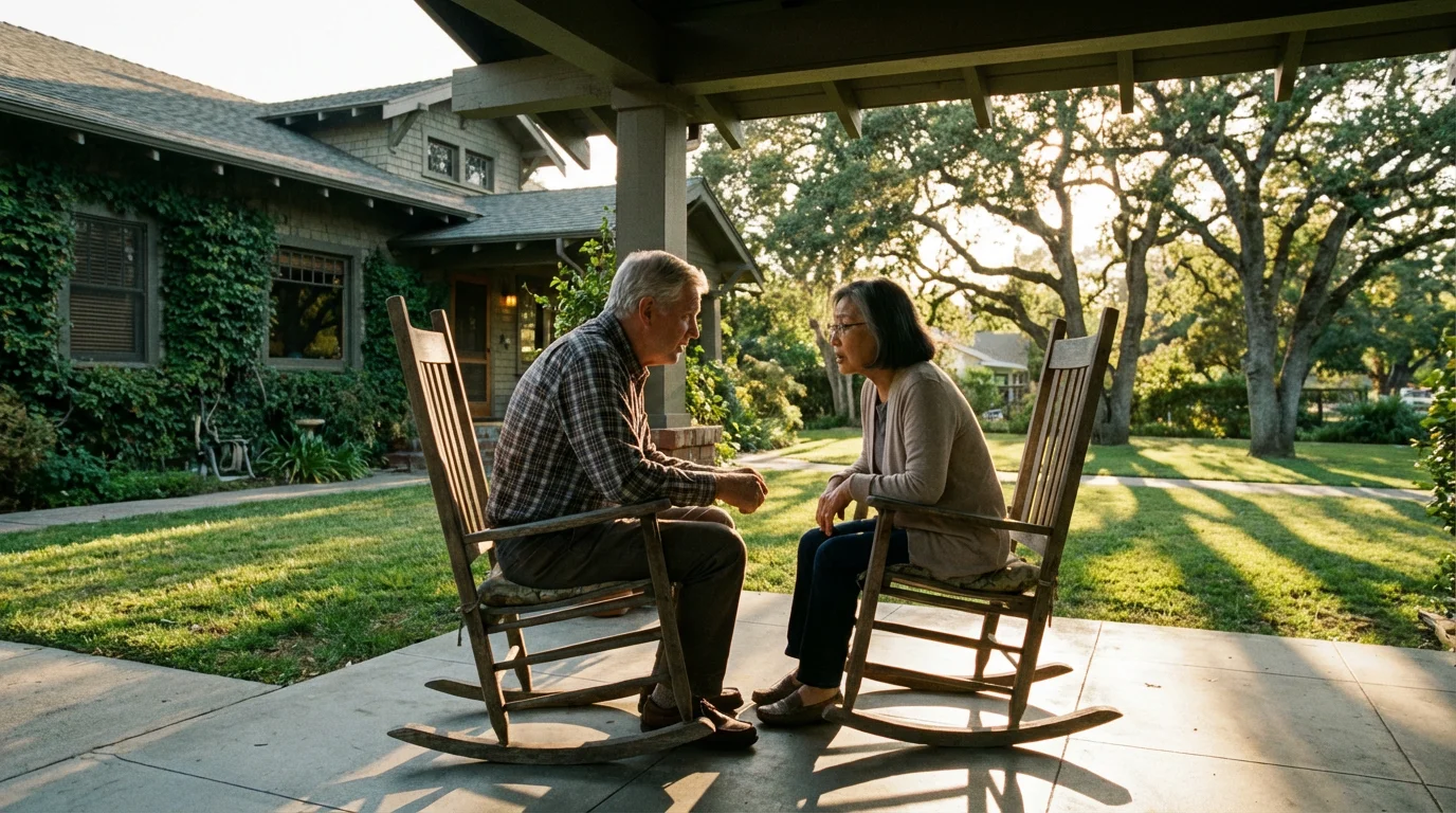 An elderly couple sits on their front porch in the late afternoon discussing finances.