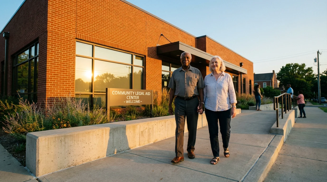 An elderly couple walks towards a welcoming community legal aid building during a warm sunset.