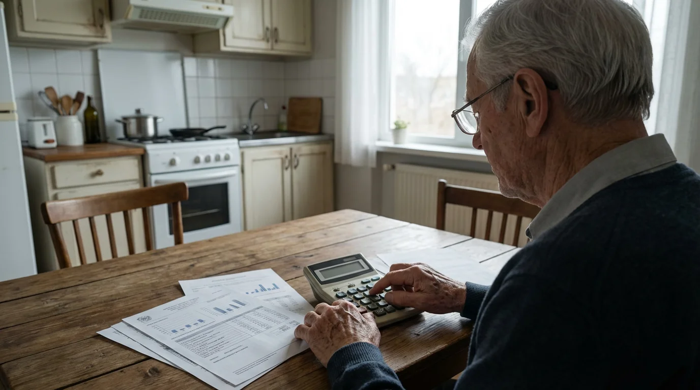An elderly man at a table reviewing financial papers with a calculator.
