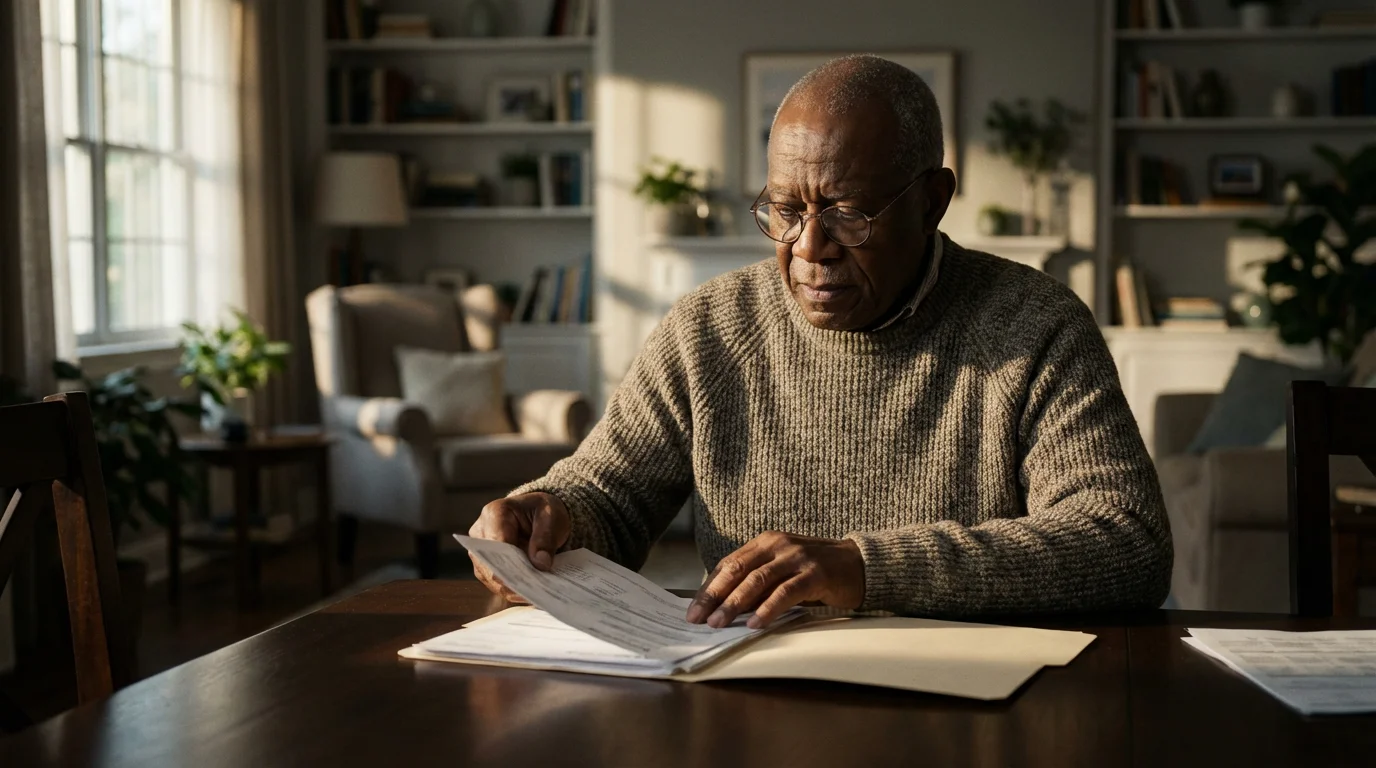 An elderly man at home, organizing important documents into a folder on his table.