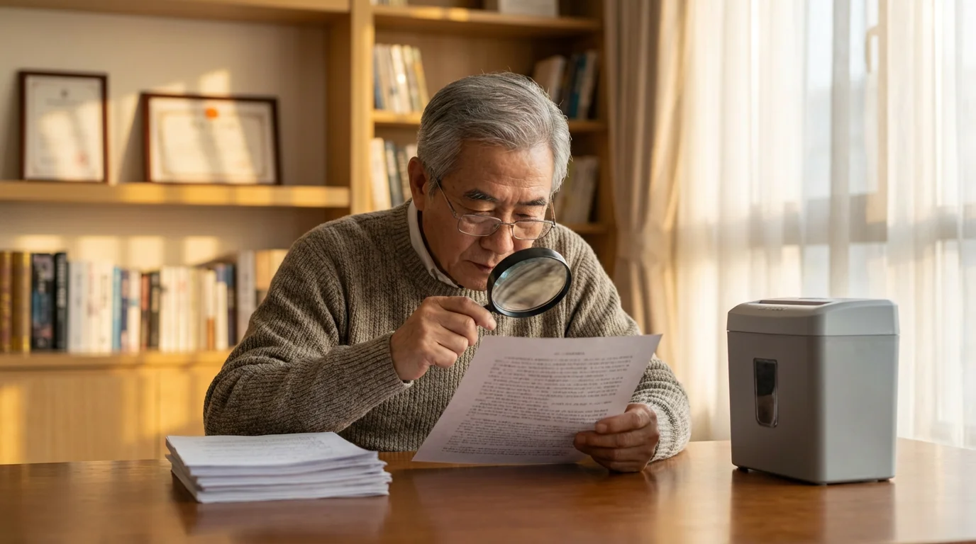 An elderly man carefully reviews financial papers with a magnifying glass at his desk.