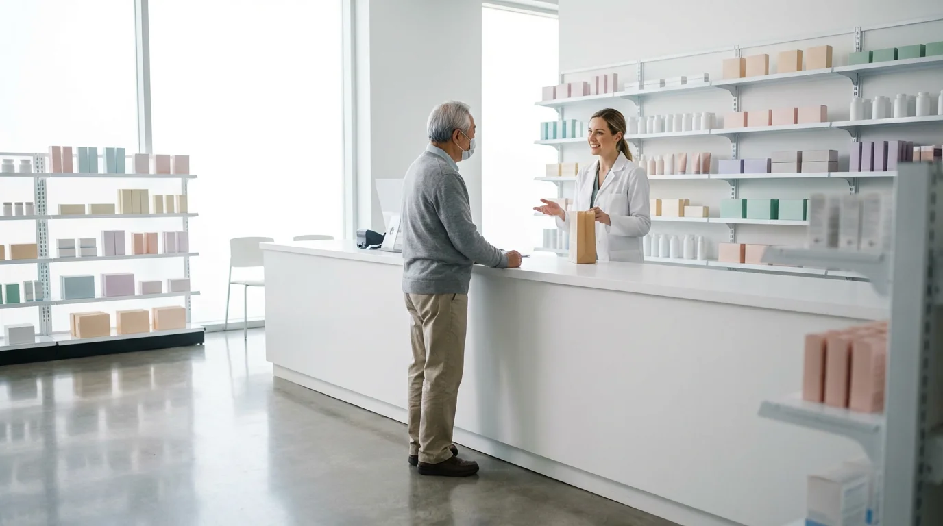 An elderly man consults with a pharmacist in a clean, modern pharmacy.