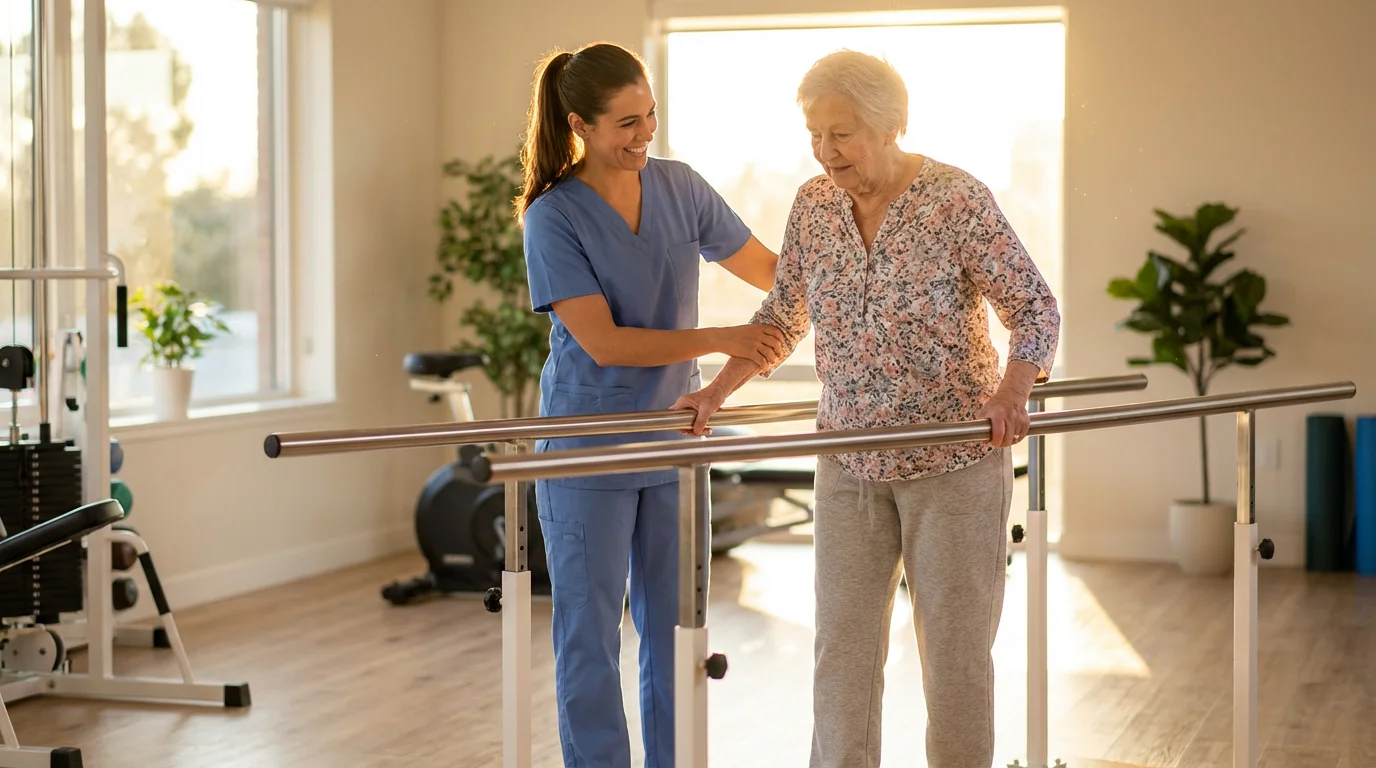 An elderly patient receiving compassionate physical therapy in a sunlit skilled nursing facility room.