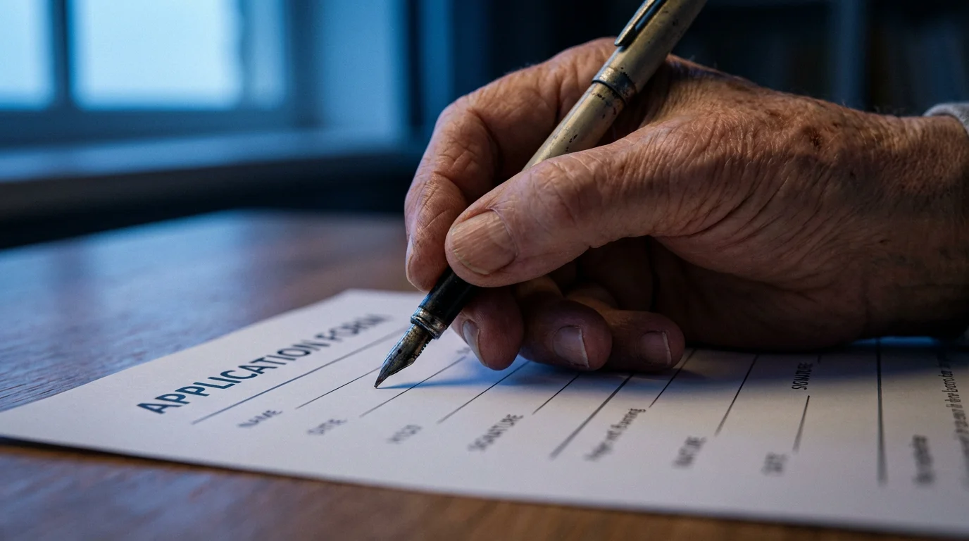 An elderly person's hand holding a pen, about to fill out an application form.