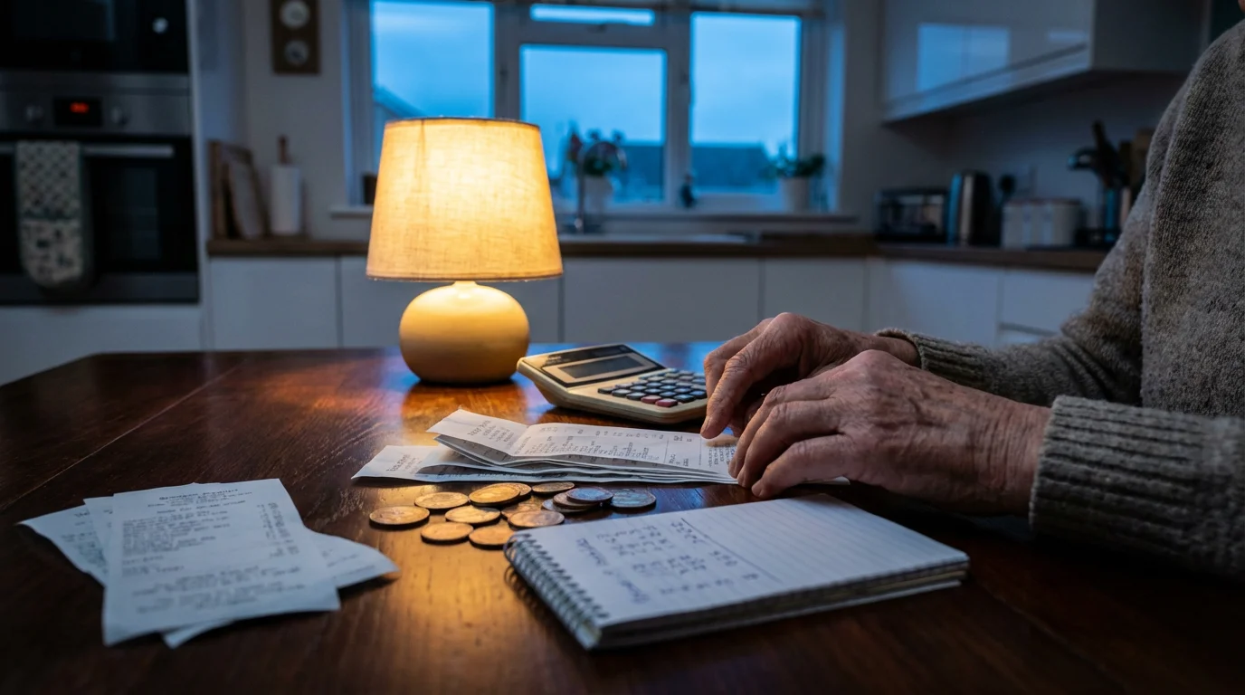 An elderly person's hands at a kitchen table organizing grocery receipts and budget items.