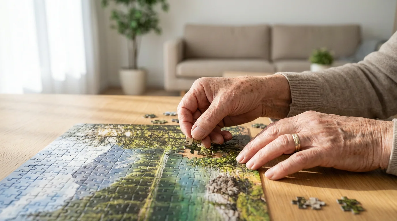 An elderly person's hands placing the final missing piece into a jigsaw puzzle.