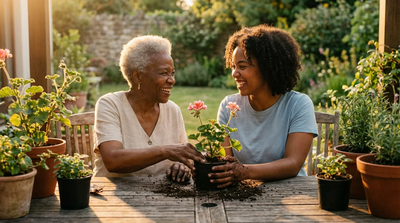 An elderly woman and her granddaughter happily gardening together during a warm golden hour.