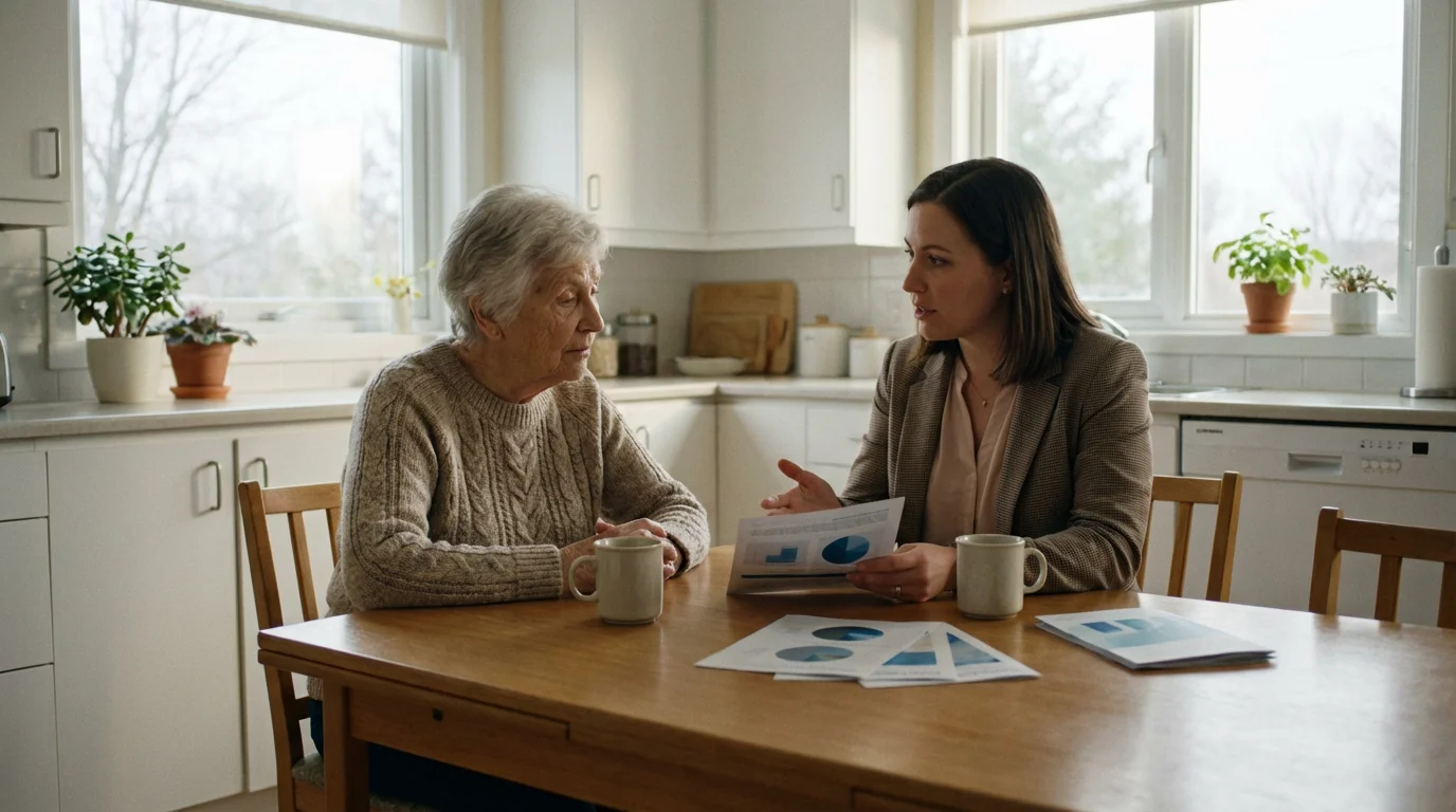 An elderly woman at her kitchen table discusses utility assistance with a helpful professional.