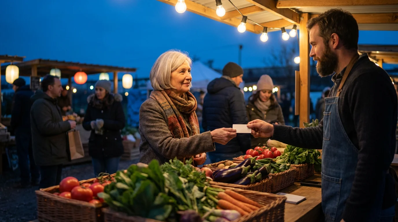 An elderly woman buying fresh vegetables at an outdoor farmers' market in the evening.