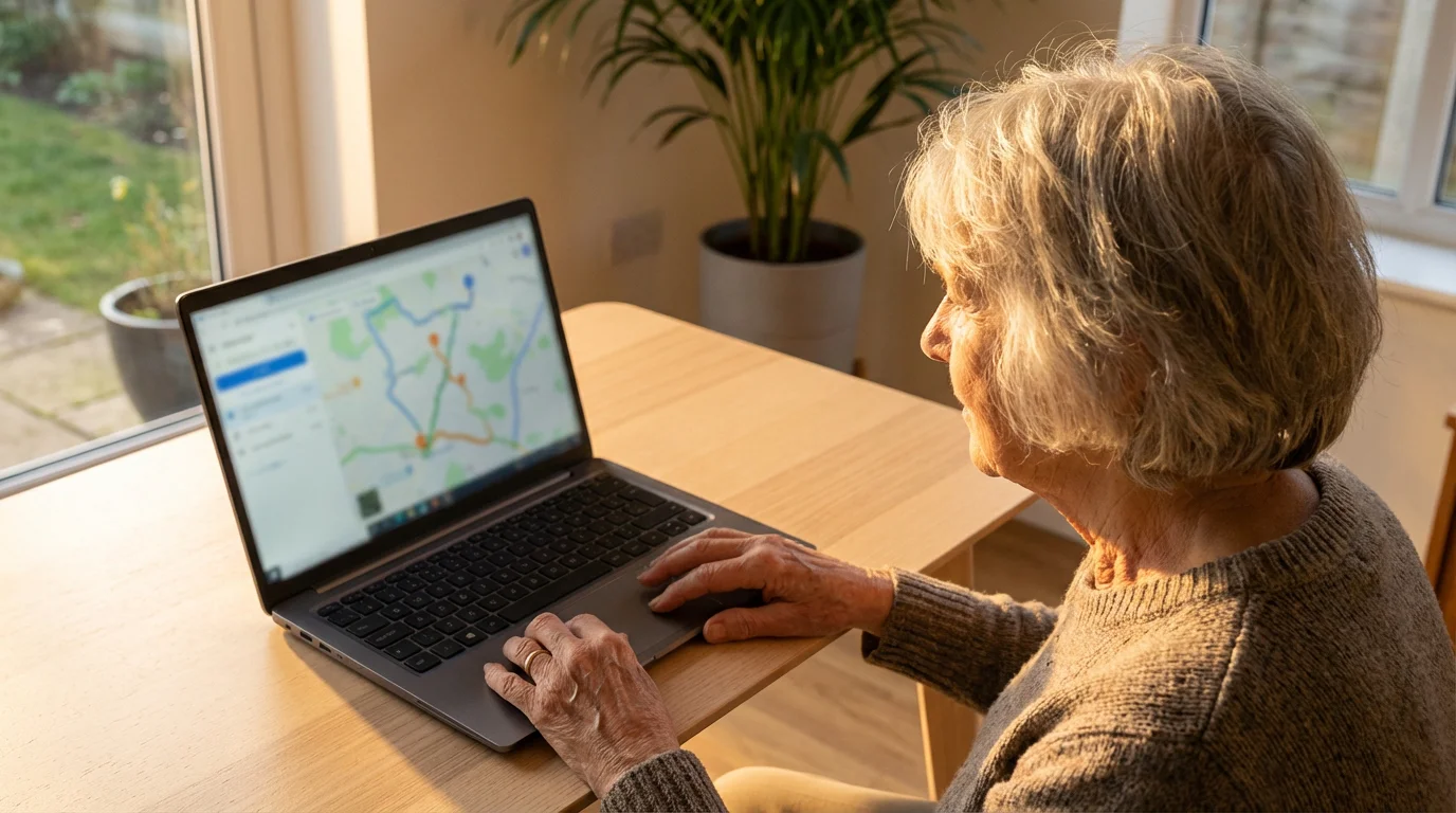 An elderly woman from behind using a laptop to research transportation on a map.