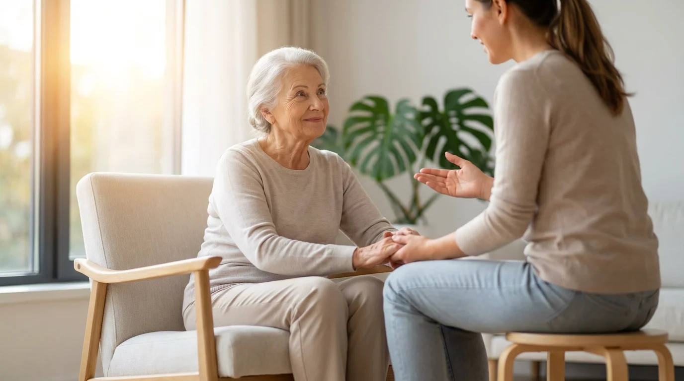 An elderly woman listens attentively to a younger woman in a sunlit, modern home.