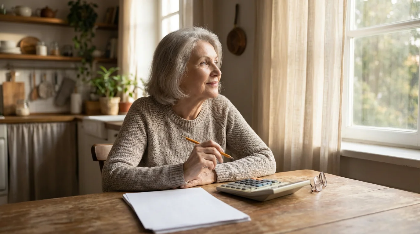 An elderly woman sits at her kitchen table planning her finances in the morning light.
