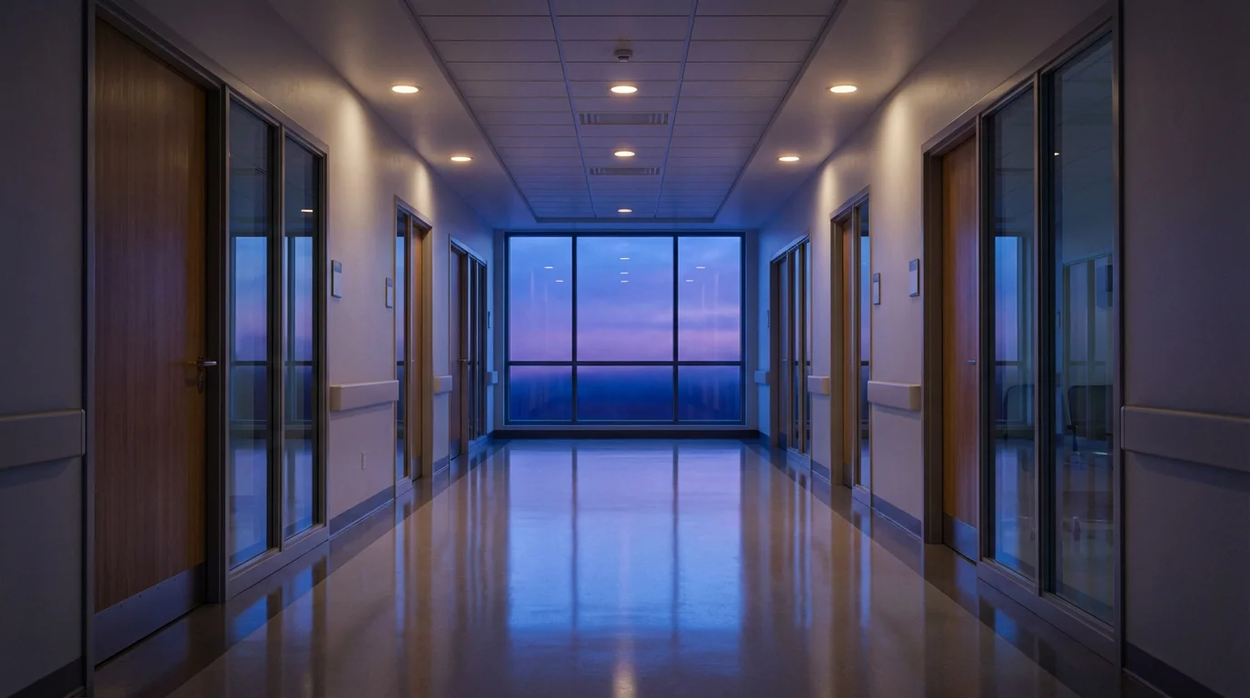 An empty, modern hospital corridor at dusk, representing a Medicare Part A hospital stay.