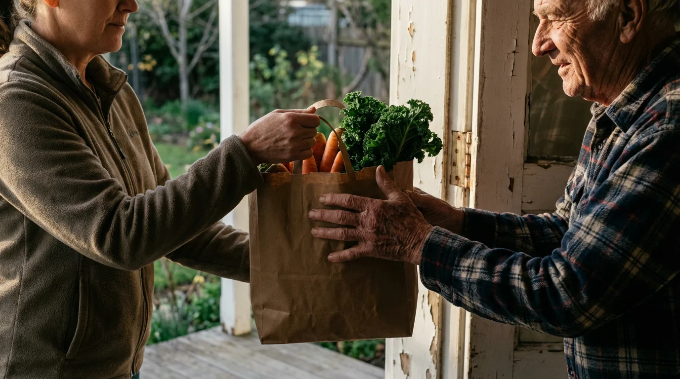 An eye-level photograph of a volunteer delivering a bag of fresh groceries to an elderly man.