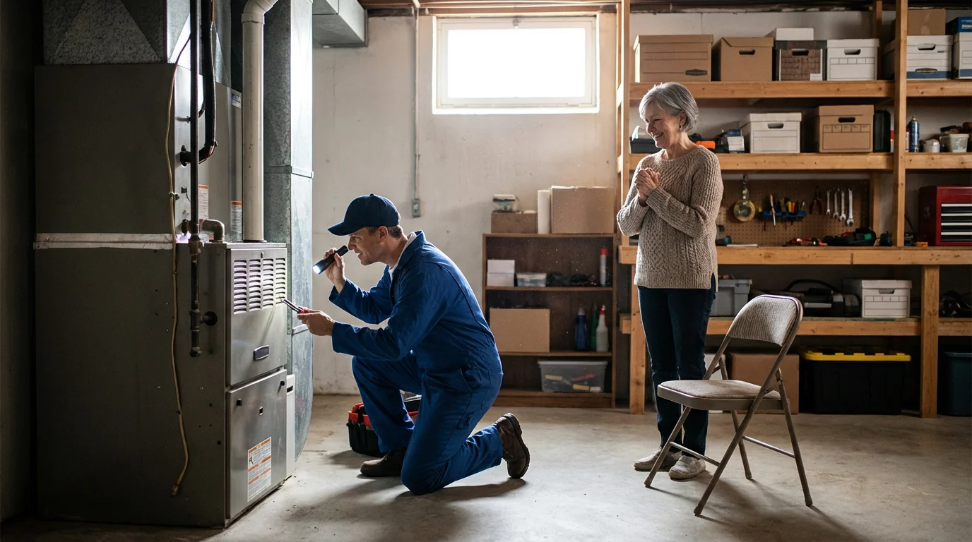 An HVAC technician services a furnace in a basement as an elderly woman watches gratefully.