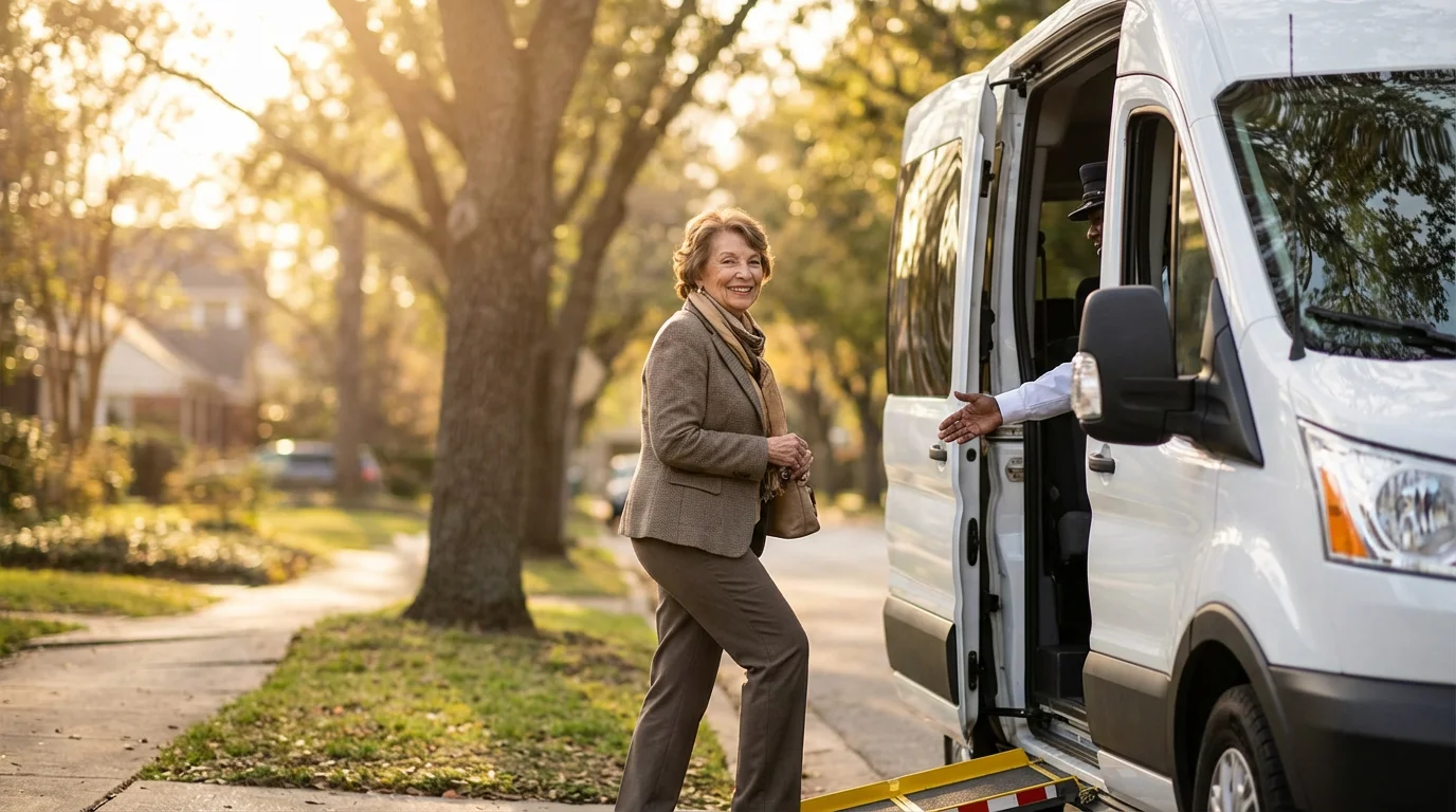An independent senior woman smiling as she boards a modern community shuttle van.