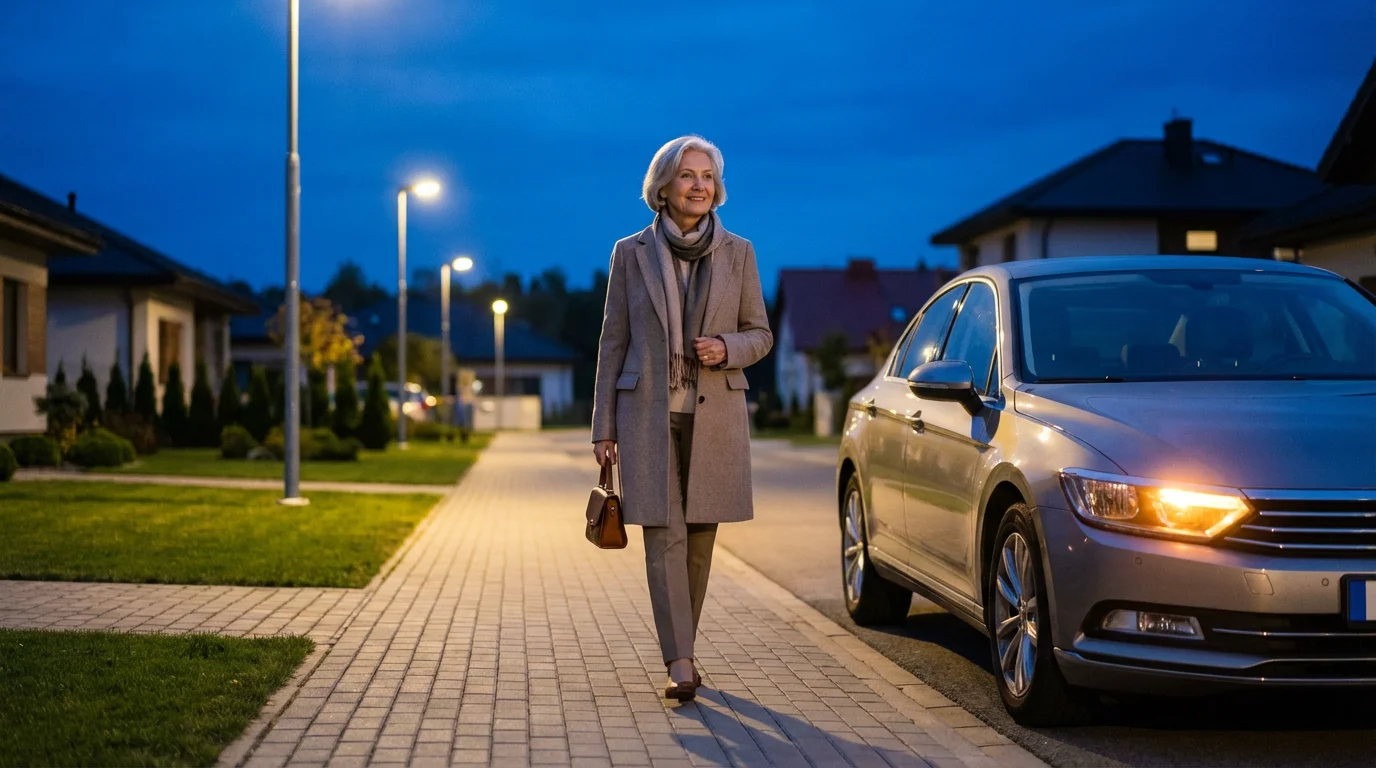 An independent senior woman walking towards a waiting car on a suburban street at dusk.