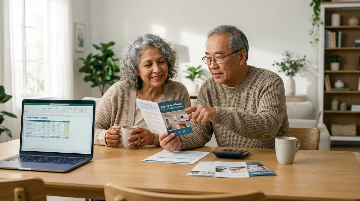 An older couple at a table planning home modification costs with a laptop and calculator.