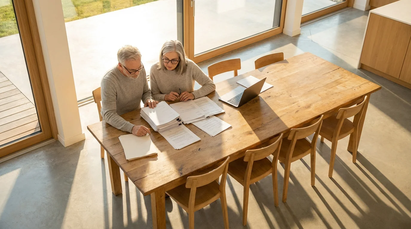 An older couple at a table reviewing financial documents in a room with long shadows.