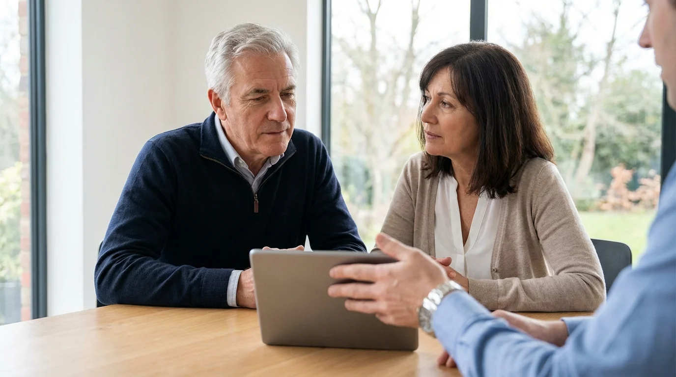 An older couple listens to a financial advisor while reviewing alternatives on a tablet.