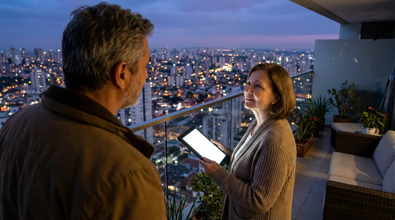 An older couple on a city balcony at dusk, thoughtfully planning their retirement.