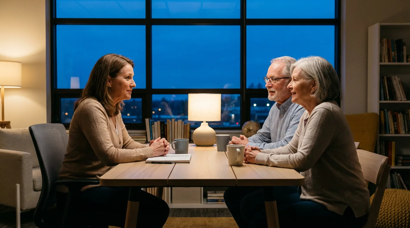 An older couple receiving guidance from a female counselor in a calm evening setting.