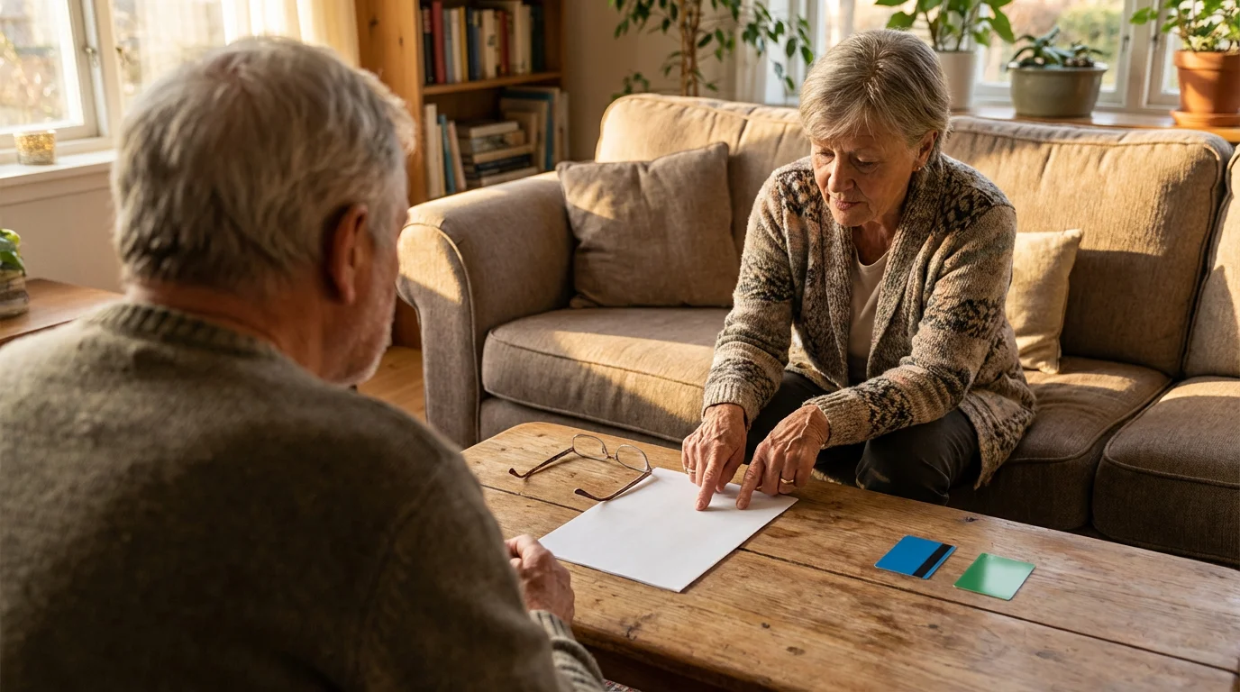 An older couple reviewing blank supplemental insurance forms and cards in a warmly lit living room.